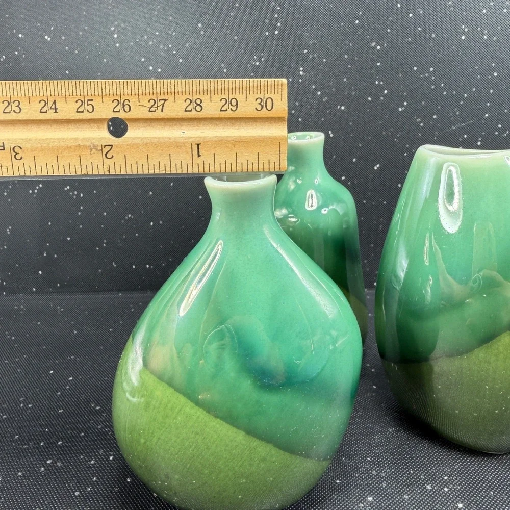 IKEA‎ 3 Piece Bud Vase Set Green Two Tone Glazed Ceramic Organic Shape 4.5 Inch